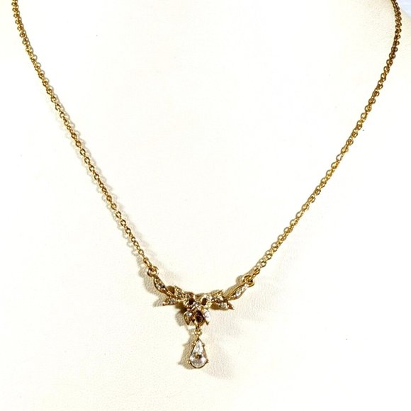 Gold and Crystal Bow and Teardrop Y-Drop Necklace- 1928 - Picture 1 of 7
